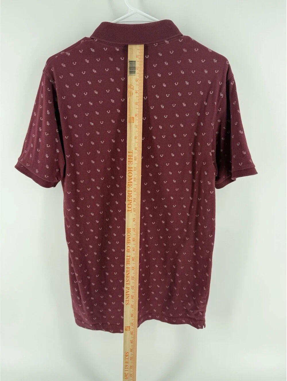 True Religion Men's Burgundy Polo Shirt Logo Micro Pattern Short Sleeve Medium